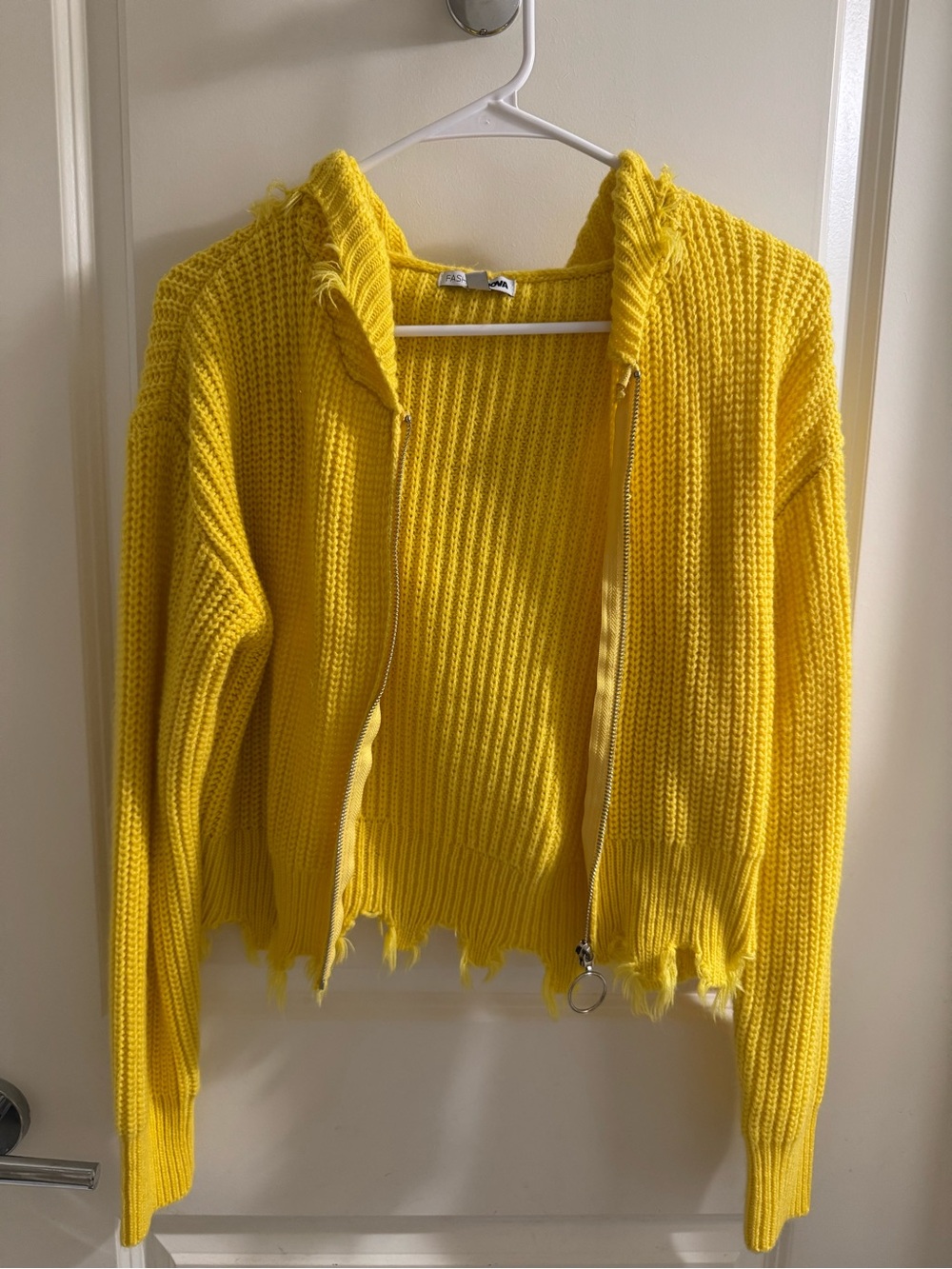 Fashion Nova Bright Yellow Distressed Zip Hoodie Sweater